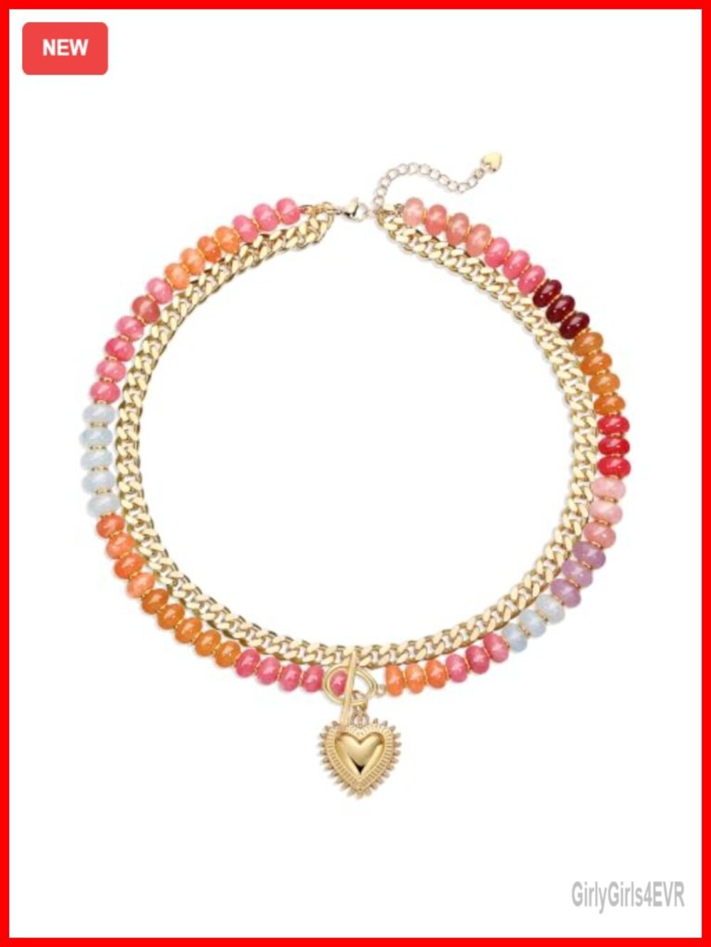Natural Stone Beaded Layered Choker Necklace 14K Gold Plated Heart Pendant